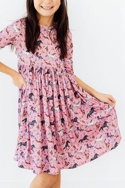 Petals & Ponies 3/4 Sleeve Pocket Twirl Dress 2