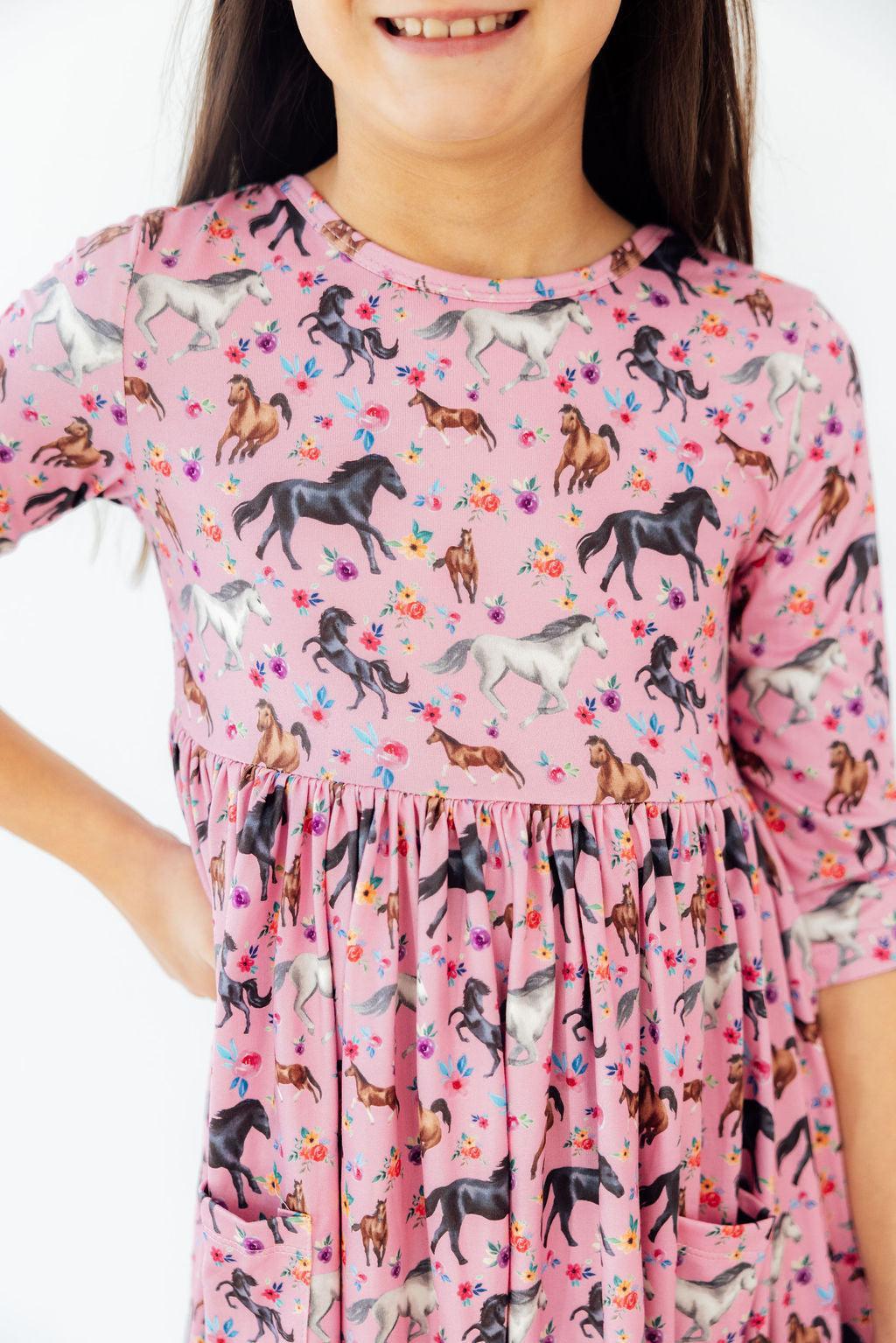 Petals & Ponies 3/4 Sleeve Pocket Twirl Dress 1