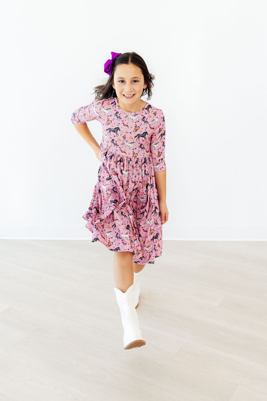 Petals & Ponies 3/4 Sleeve Pocket Twirl Dress 3