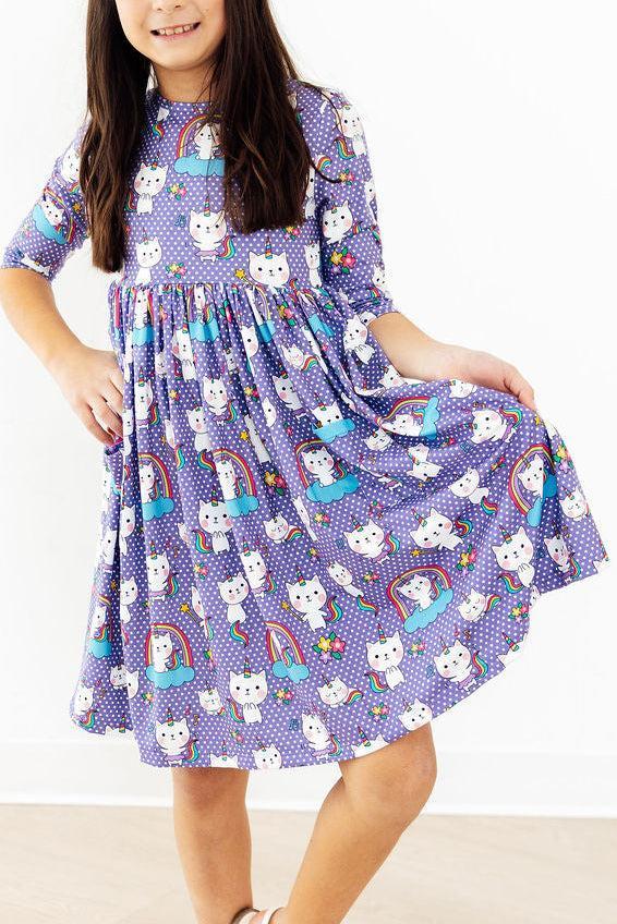 Kitties in the Clouds 3/4 Sleeve Pocket Twirl Dress 3