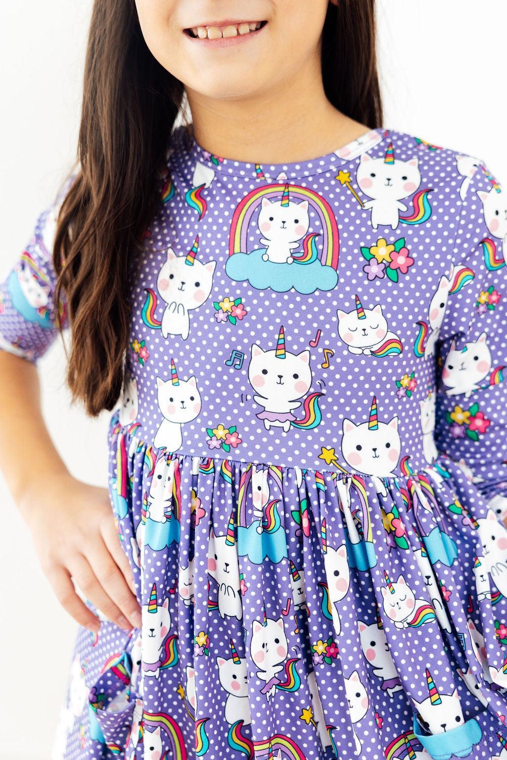 Kitties in the Clouds 3/4 Sleeve Pocket Twirl Dress 1
