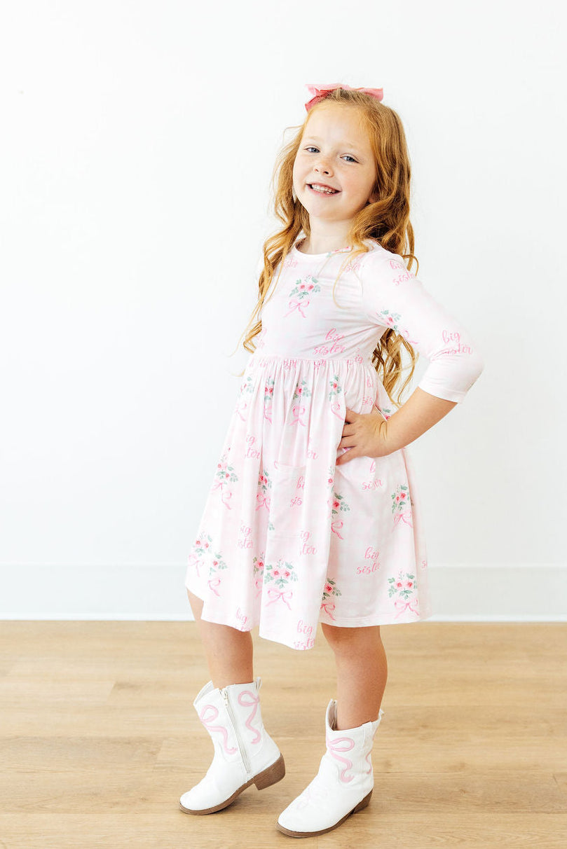 Big Sister Floral 3/4 Sleeve Pocket Twirl Dress 3