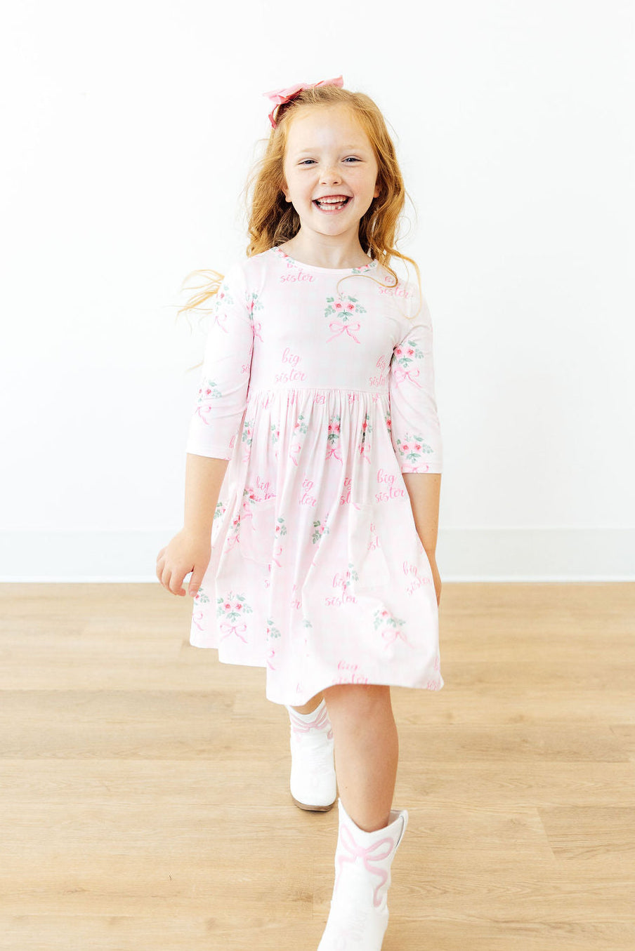 Big Sister Floral 3/4 Sleeve Pocket Twirl Dress 4