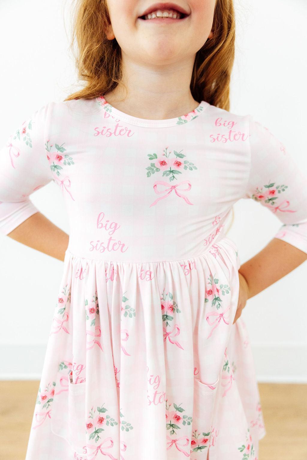 Big Sister Floral 3/4 Sleeve Pocket Twirl Dress 1
