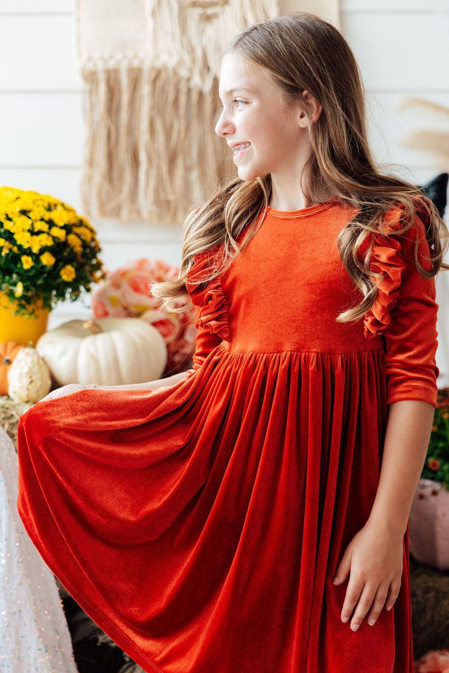 Pumpkin Spice Velvet Ruffle Twirl Dress 1