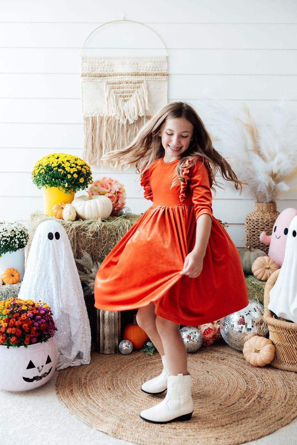 Pumpkin Spice Velvet Ruffle Twirl Dress 4