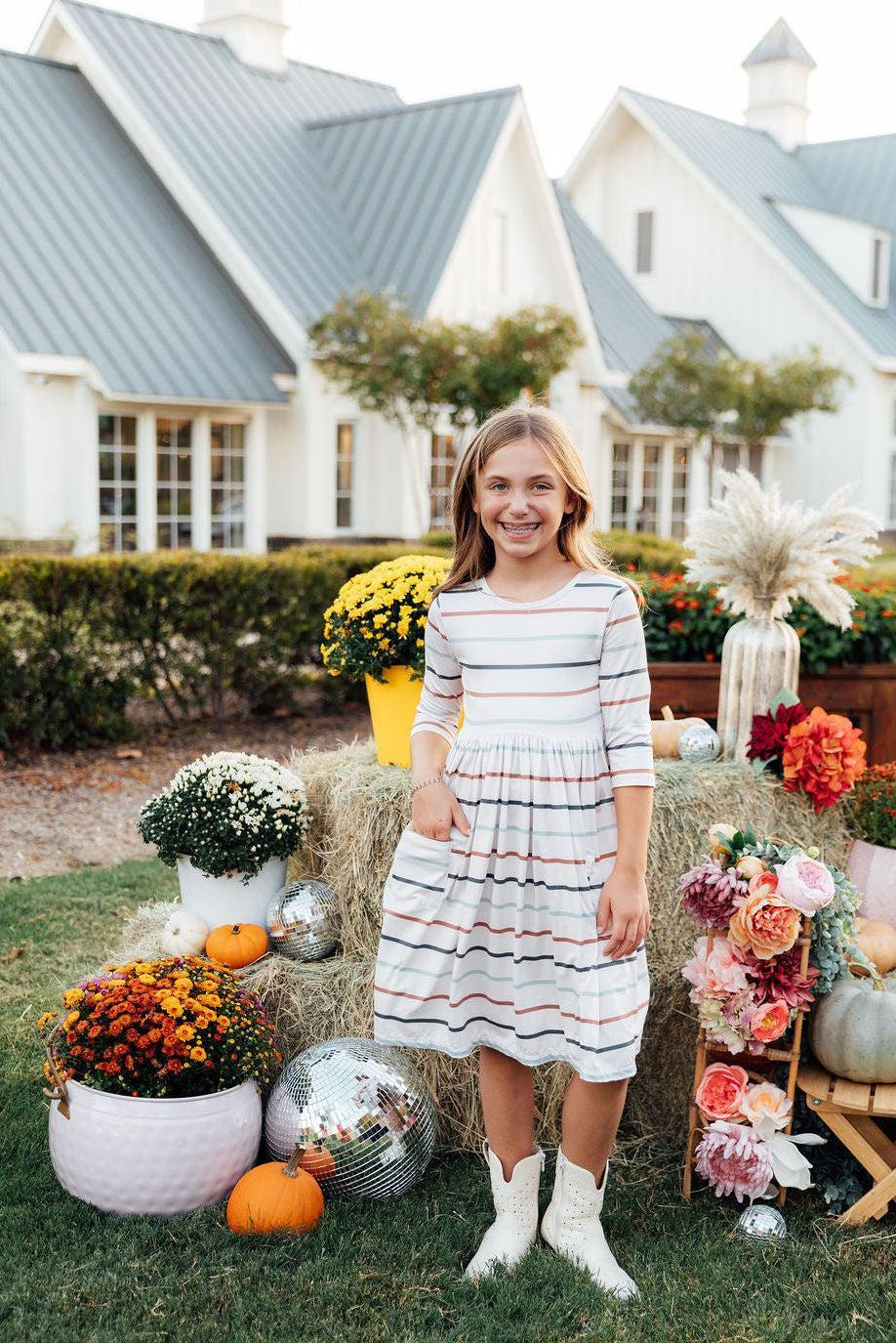 Fall Stripes 3/4 Sleeve Pocket Twirl Dress 6
