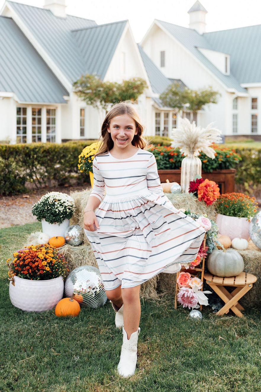 Fall Stripes 3/4 Sleeve Pocket Twirl Dress 1