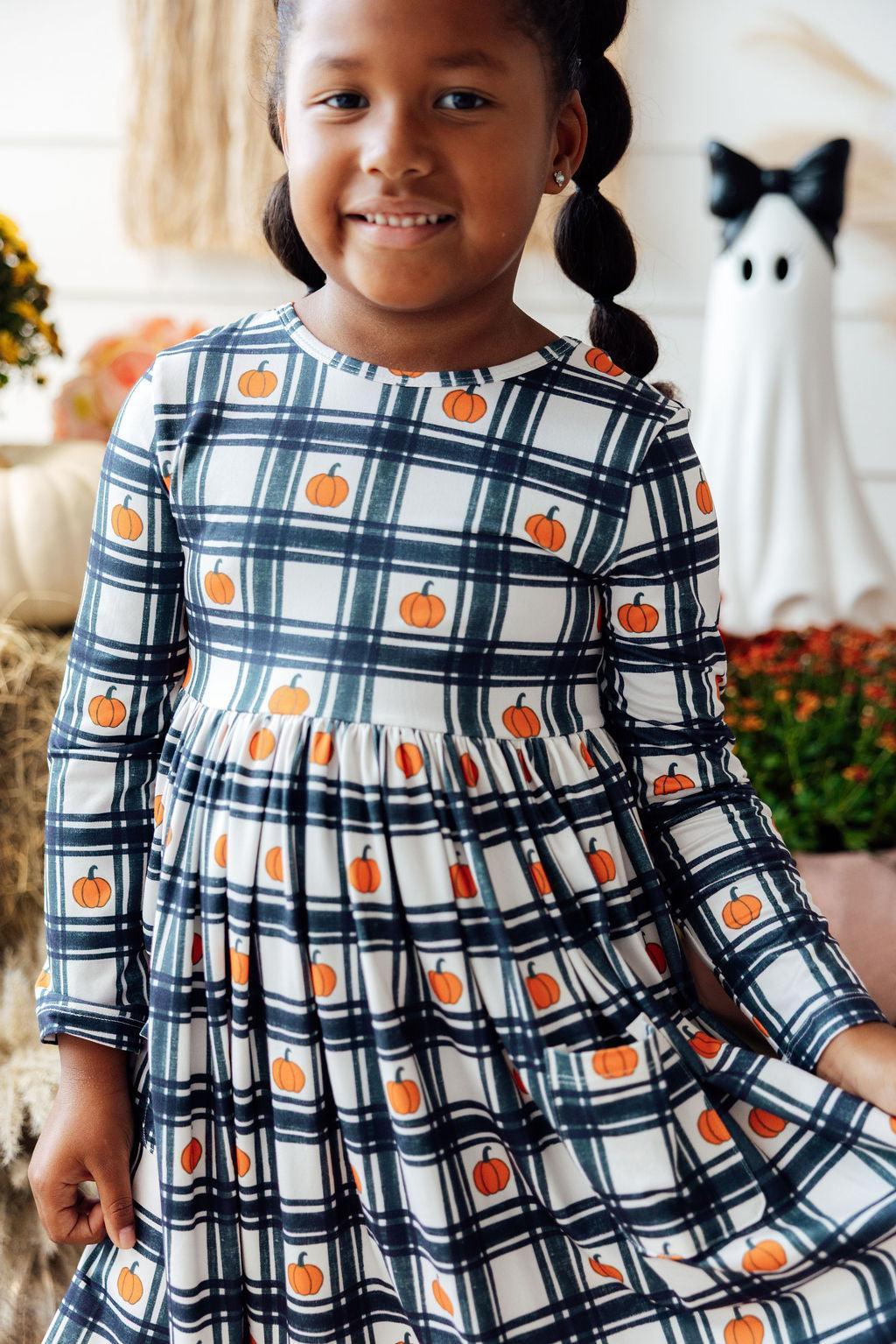 Plaid Pumpkins L/S Pocket Twirl Dress 1