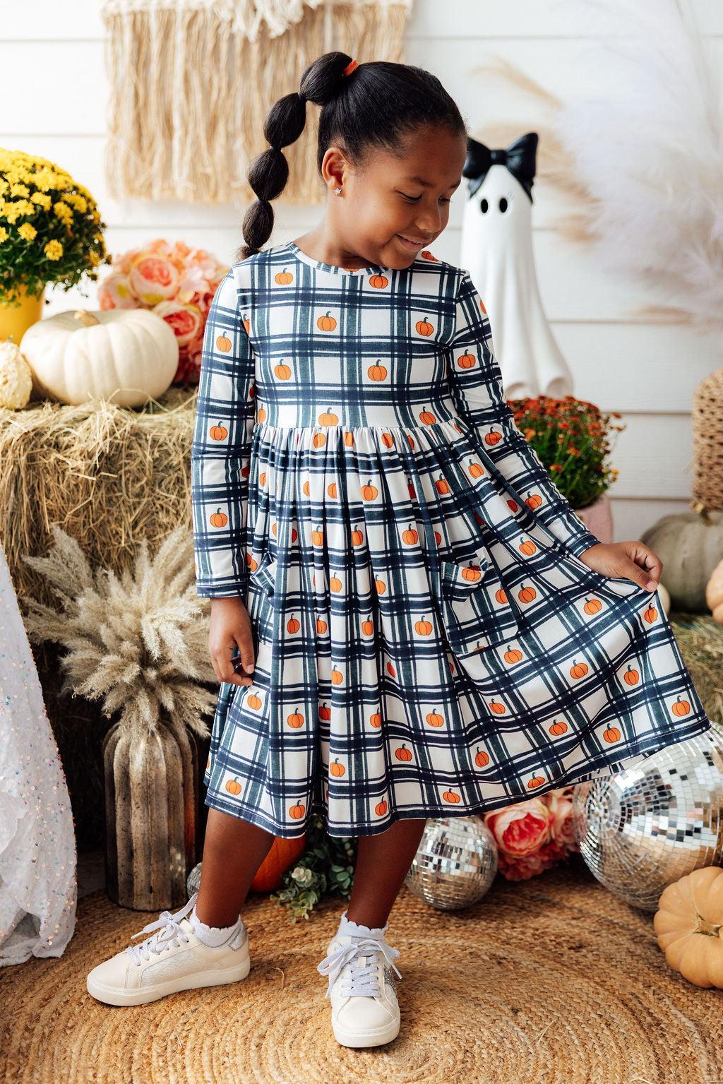Plaid Pumpkins L/S Pocket Twirl Dress 4