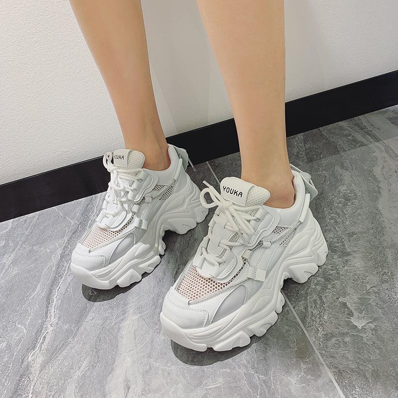 Modern Thick Platform Sneakers White Woman Vulcanize Shoes Luxury Tennis Sneakers Trainers Lace Up Fashion Comfortable Walking Footwear New Lightweight Sneakers 10