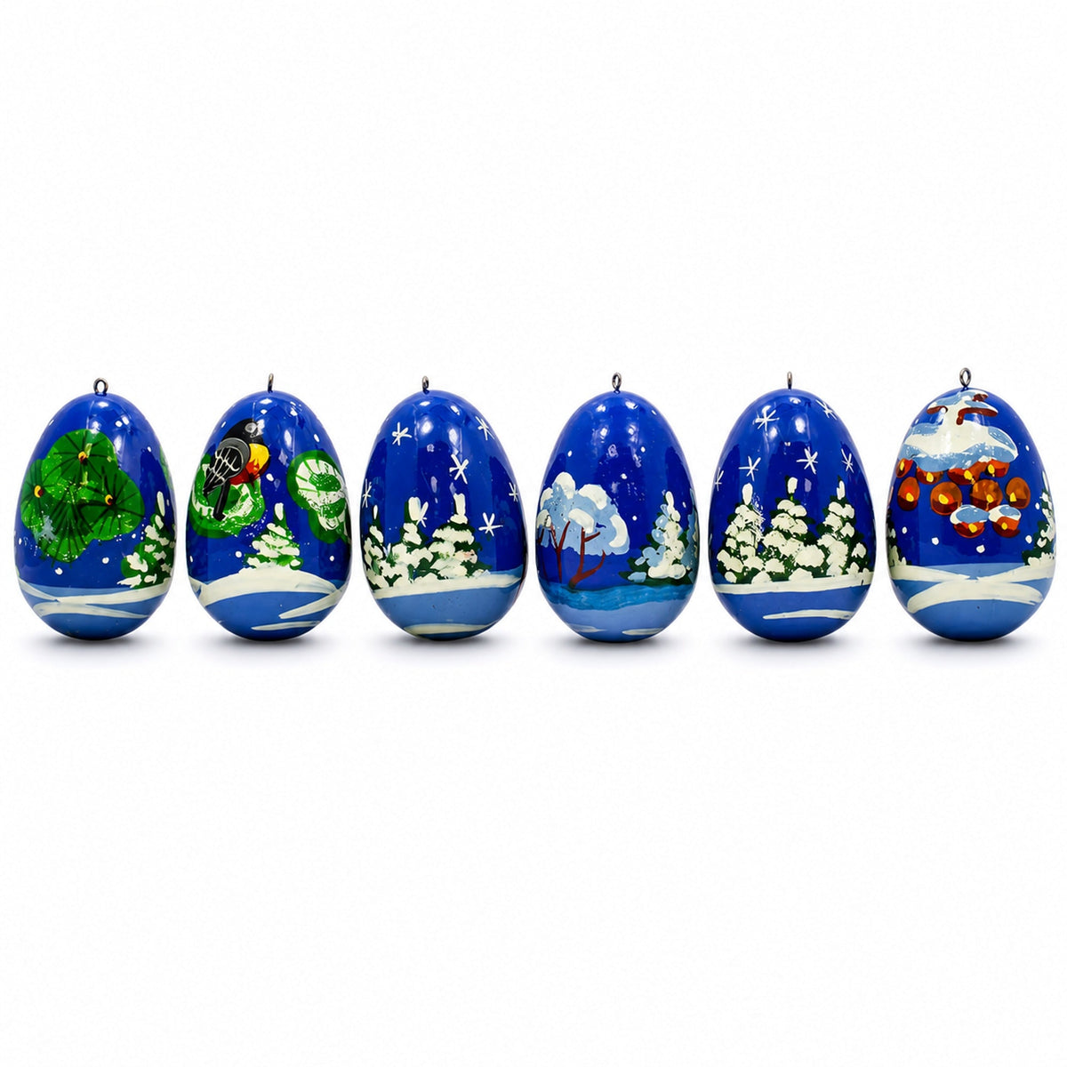 6 Santa with Snowman and Birds Wooden Christmas Ornaments 2.25 Inches 2