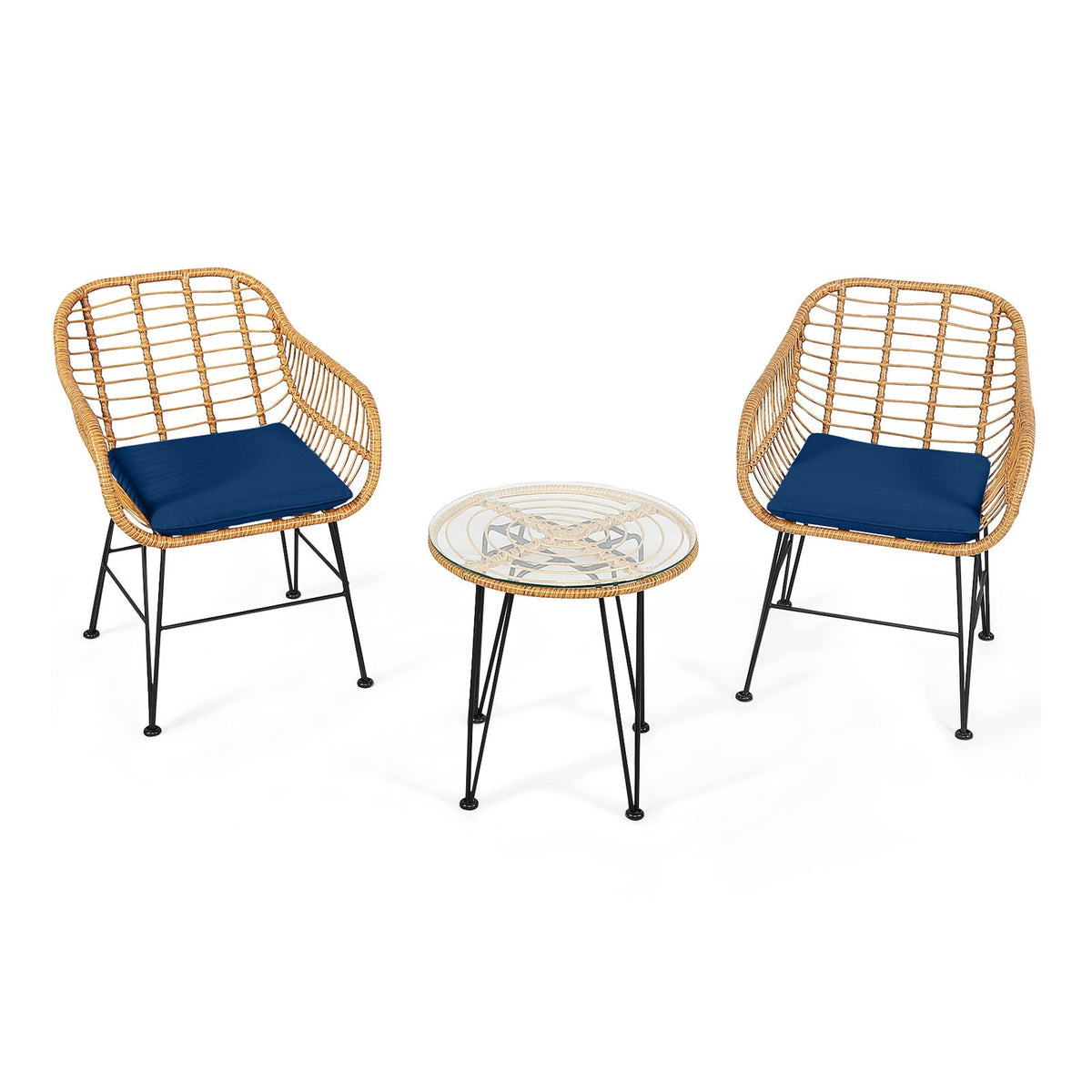 3 Pieces Rattan Furniture Set with Cushioned Chair Table 10
