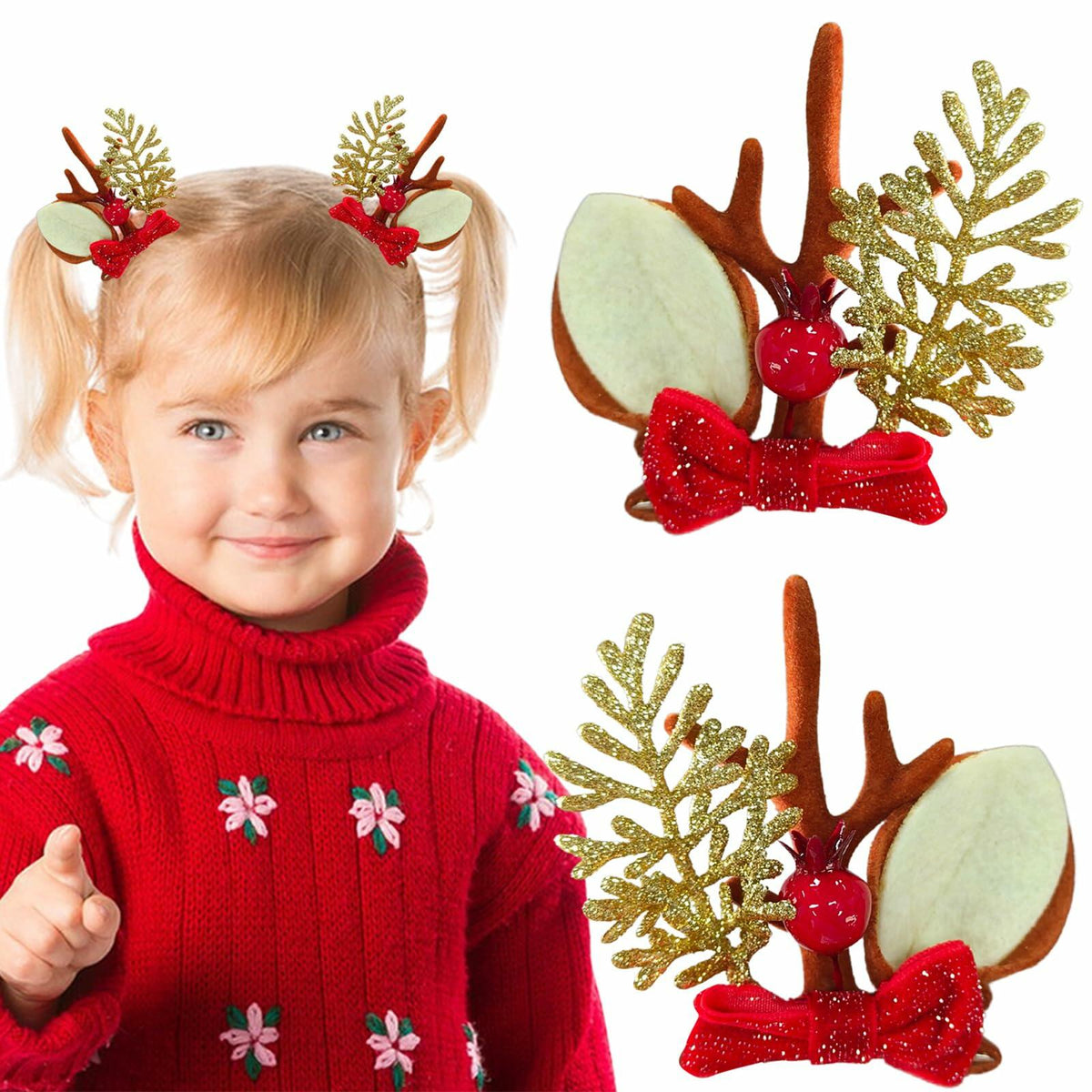 Christmas Bow Hair Clips Red Gold Reindeer Antler 2PCS Holiday Accessories 9