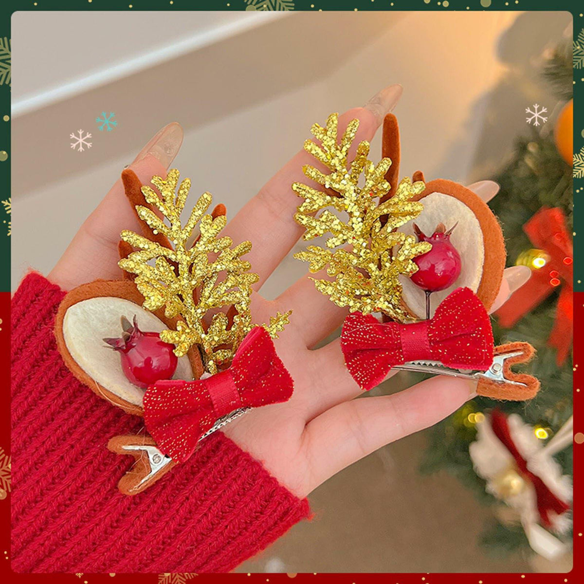 Christmas Bow Hair Clips Red Gold Reindeer Antler 2PCS Holiday Accessories 12
