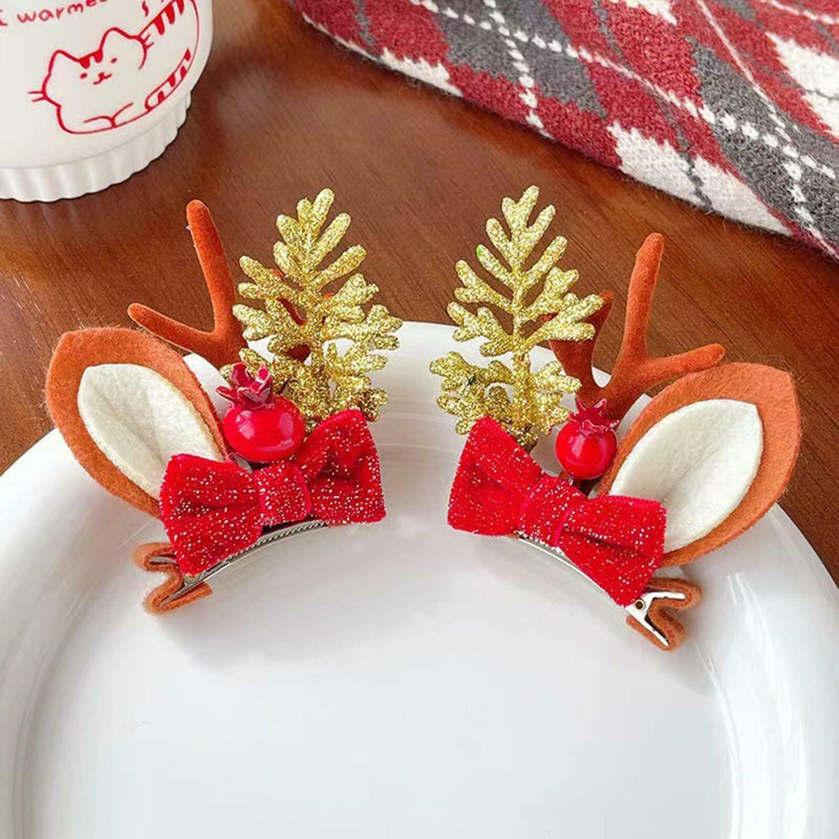 Christmas Bow Hair Clips Red Gold Reindeer Antler 2PCS Holiday Accessories 2
