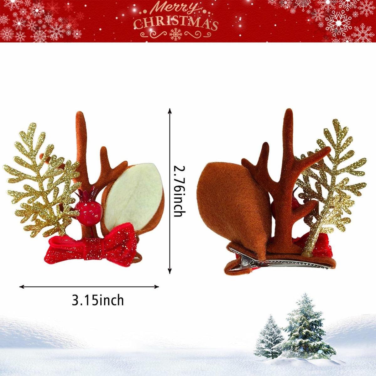 Christmas Bow Hair Clips Red Gold Reindeer Antler 2PCS Holiday Accessories 13