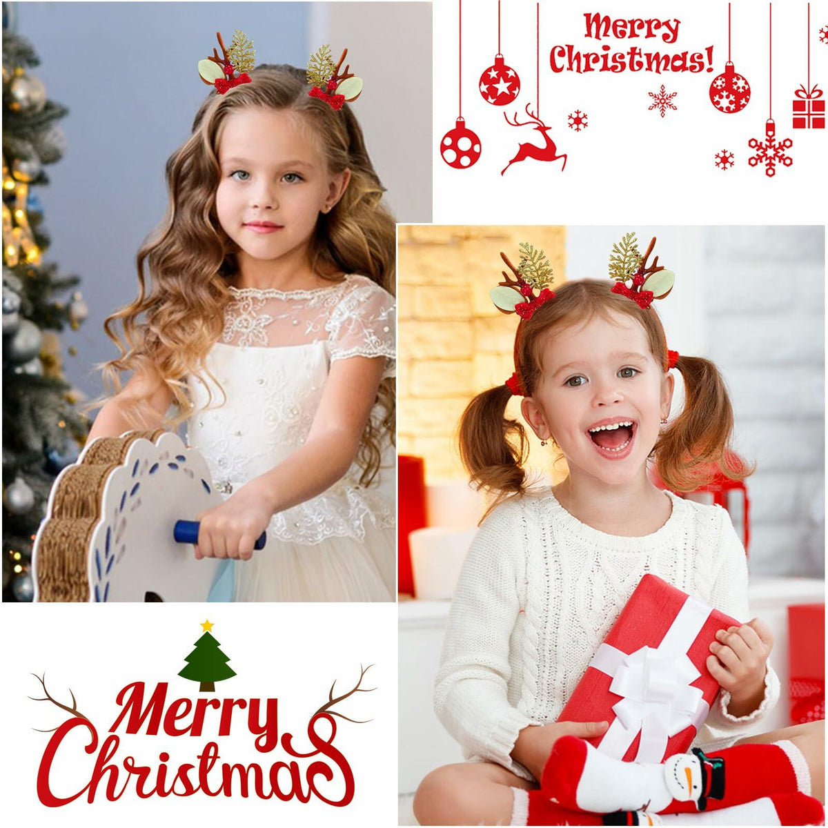Christmas Bow Hair Clips Red Gold Reindeer Antler 2PCS Holiday Accessories 11
