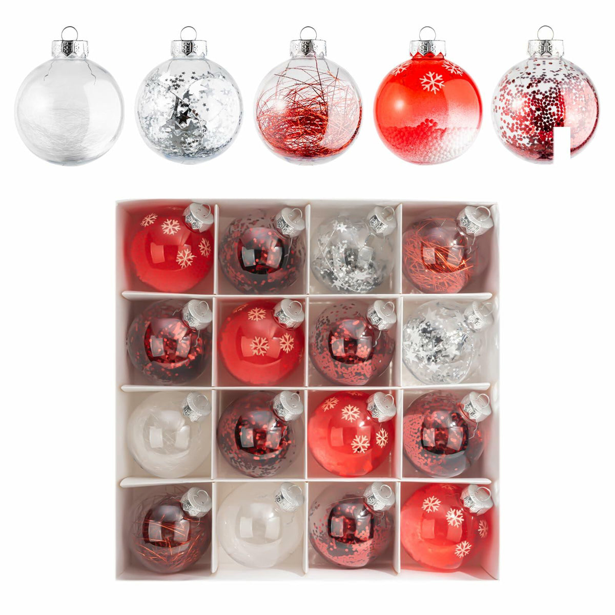 16PCS Clear Red Christmas Balls Ornaments 3.15in Shatterproof Hanging Set