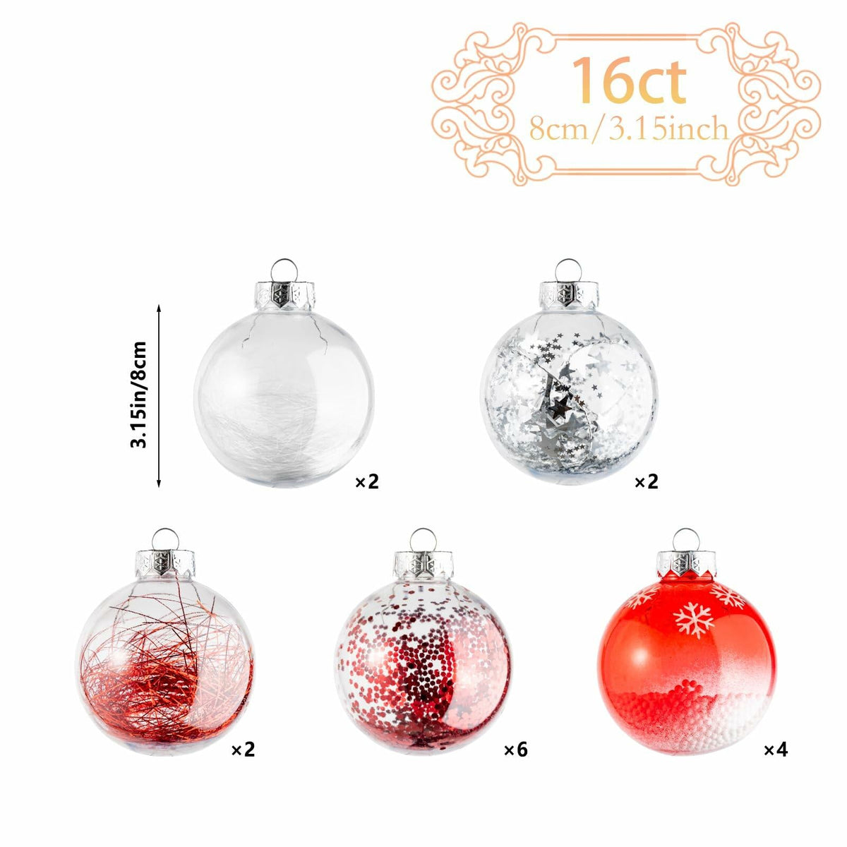 16PCS Clear Red Christmas Balls Ornaments 3.15in Shatterproof Hanging Set