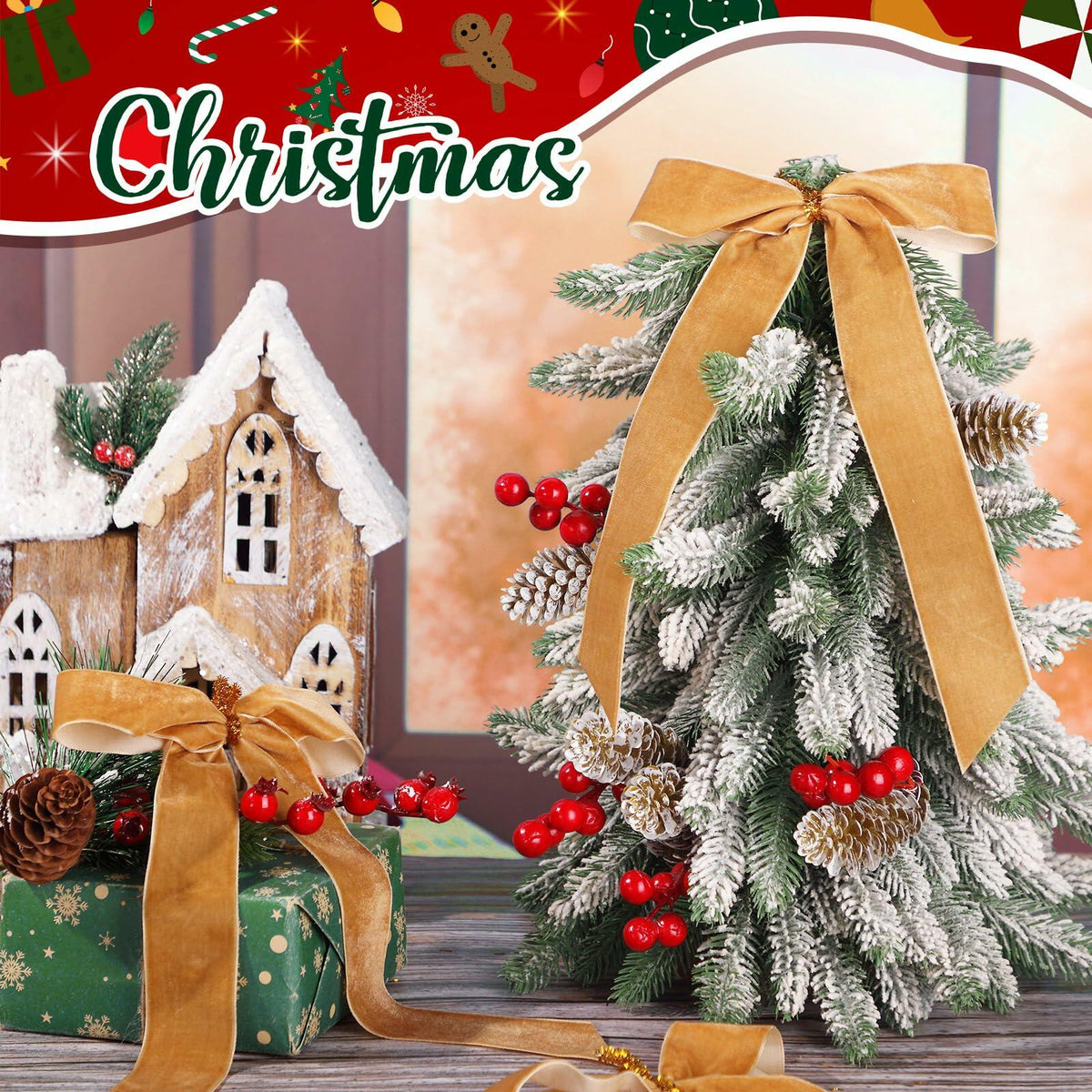 Riceshoot 30 Pcs Velvet Christmas Bow Khaki 6.3x11 Inch Rustic Decor 4