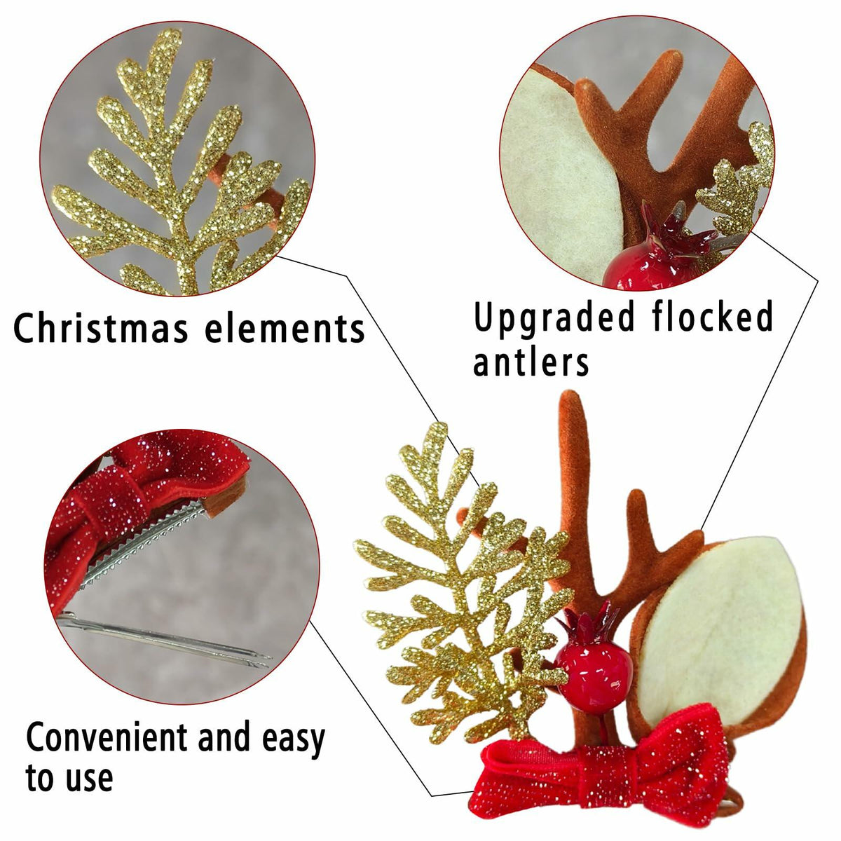 [Like New] Christmas Bow Hair Clips for Girls Red Gold Antler Design 2PCS 6