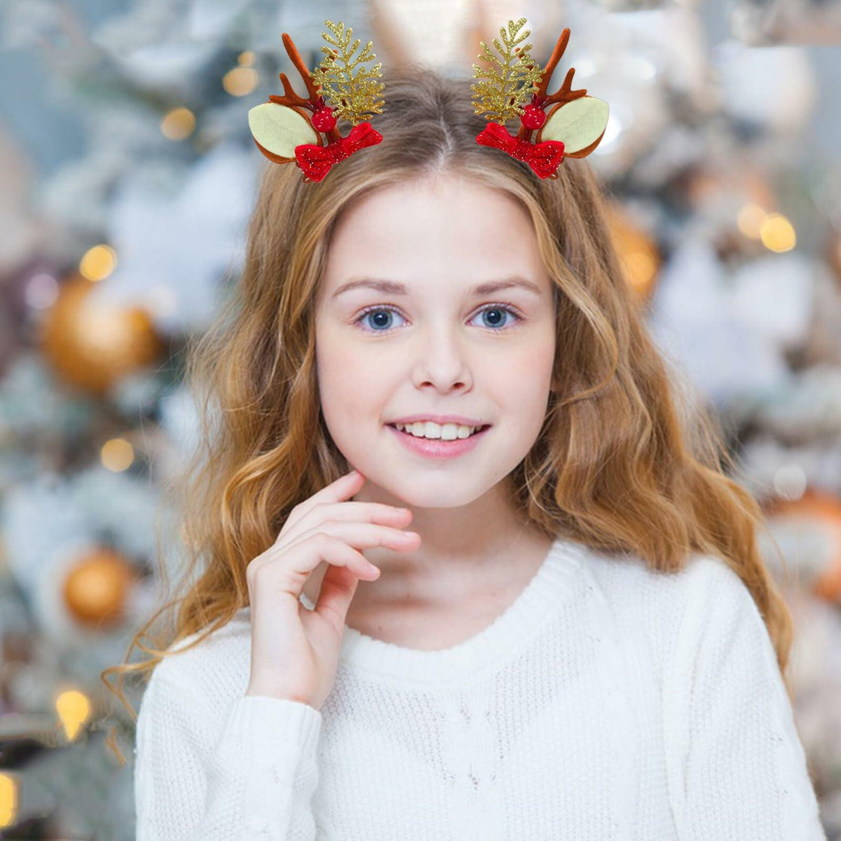 [Like New] Christmas Bow Hair Clips for Girls Red Gold Antler Design 2PCS 7