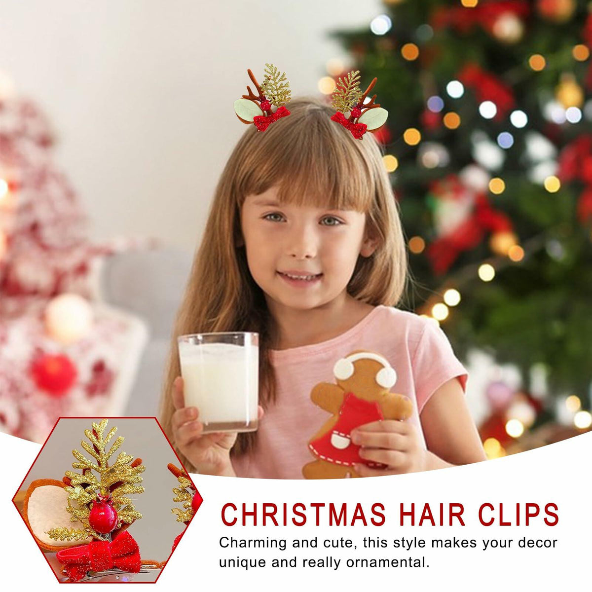 [Like New] Christmas Bow Hair Clips for Girls Red Gold Antler Design 2PCS 8