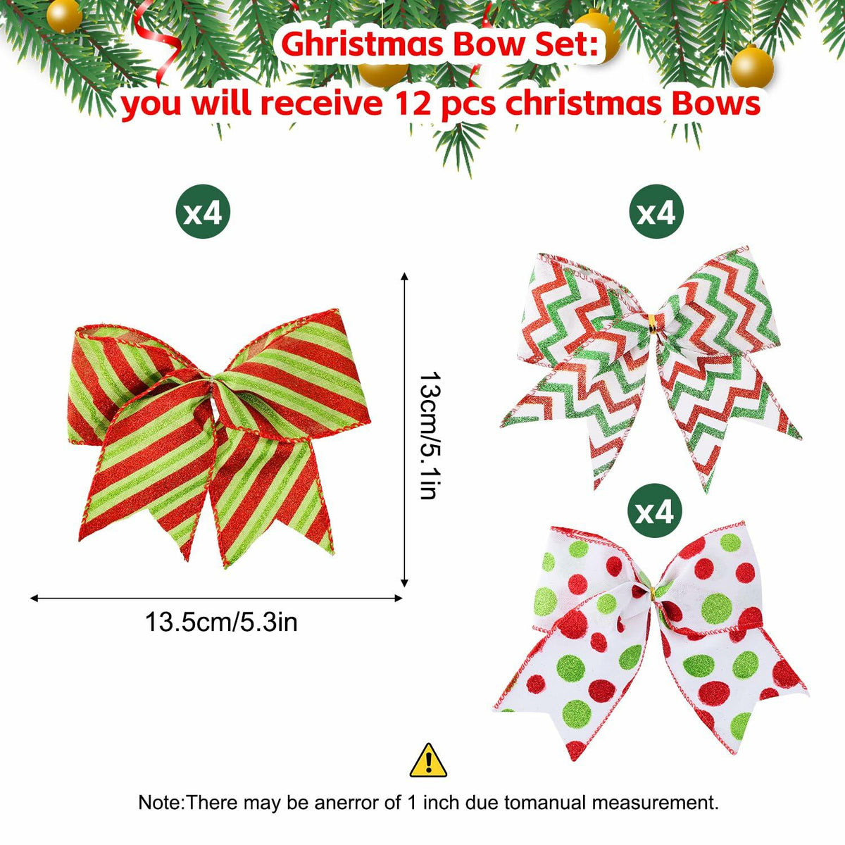 PEMIDA 12 Pcs Wave Stripe Christmas Bows 5 Inch Red Green Dots 2