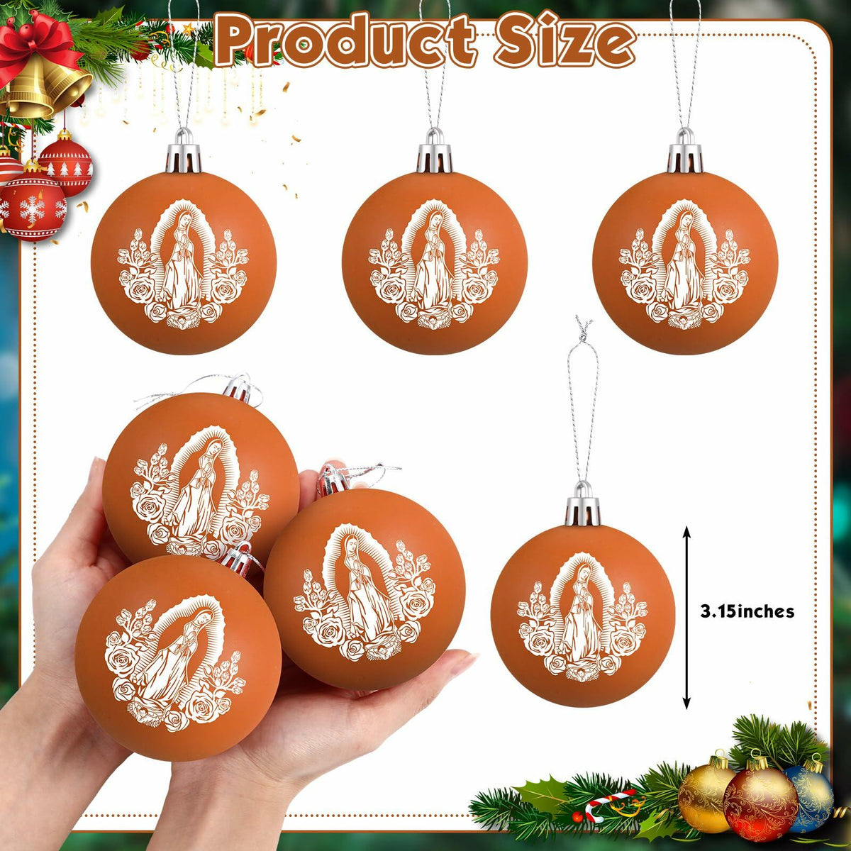 Jenaai Our Lady of Guadalupe Christmas Ornaments 3.15" 12 Pcs Brown White 3
