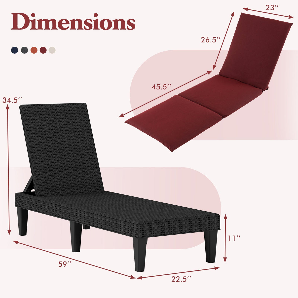 Patio Lounge Chair 3-Position Adjustable Backrest and Cushion 15