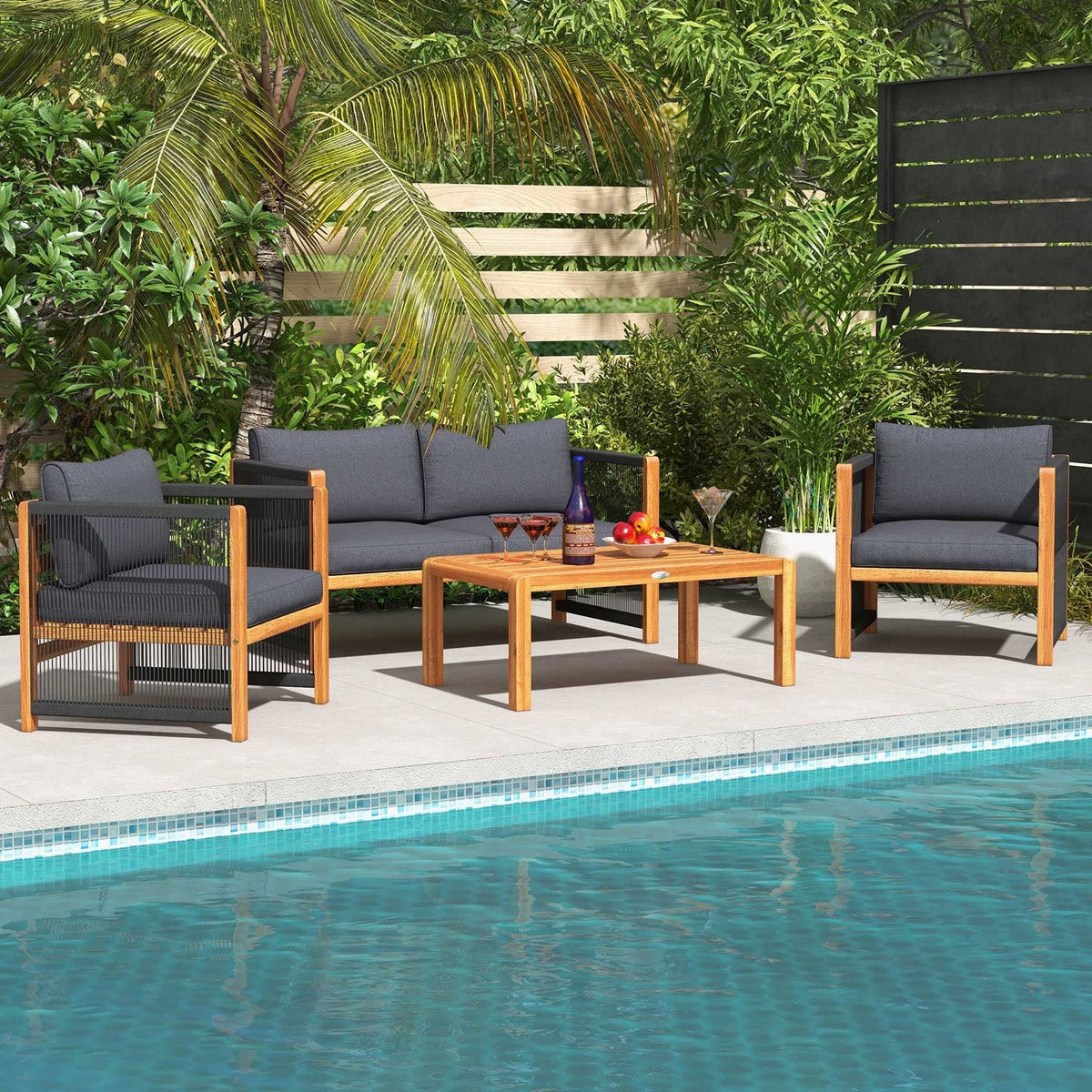 4 Pieces Acacia Wood Outdoor Patio Furniture Set with Cushions 1