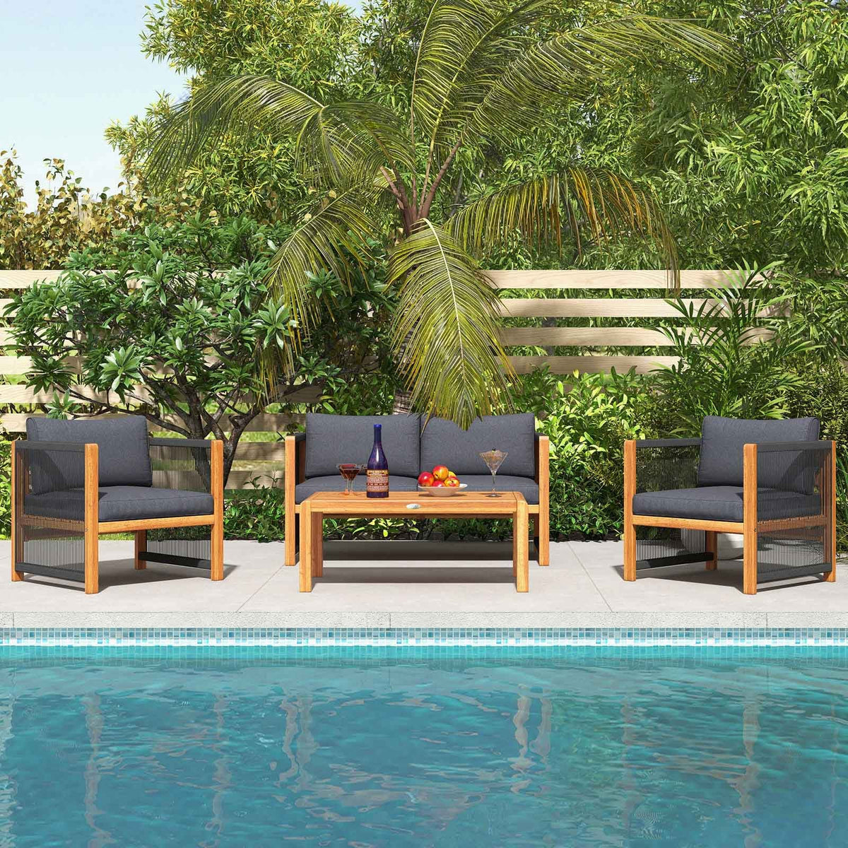 4 Pieces Acacia Wood Outdoor Patio Furniture Set with Cushions 7