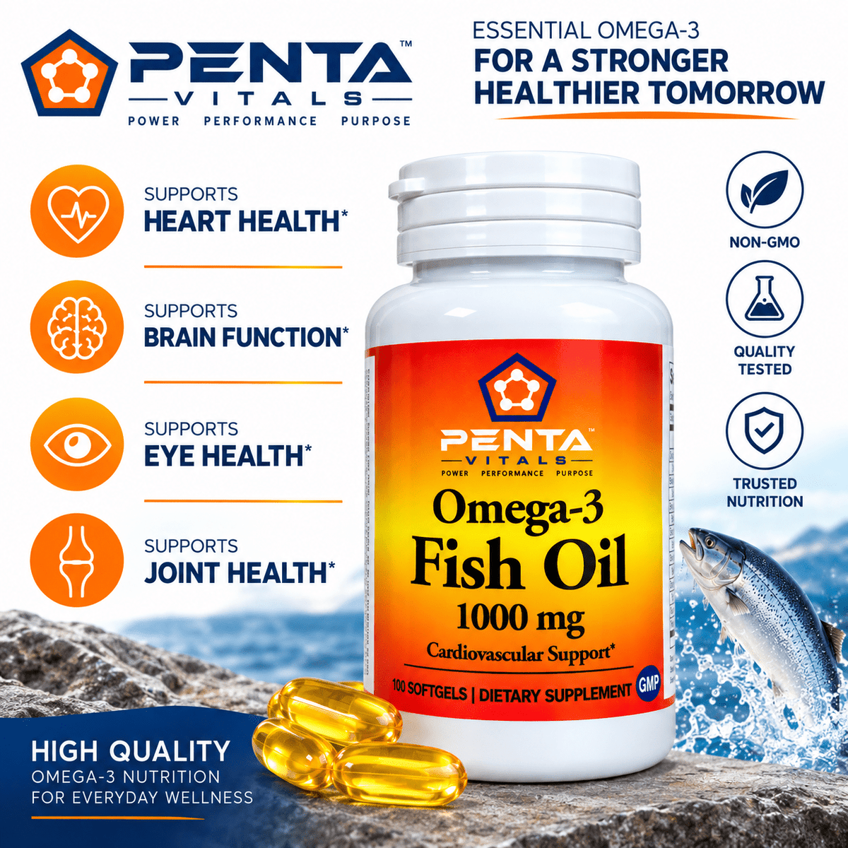 Penta Vitals Omega-3 Fish Oil 1000mg – EPA & DHA | 100 Softgels 4