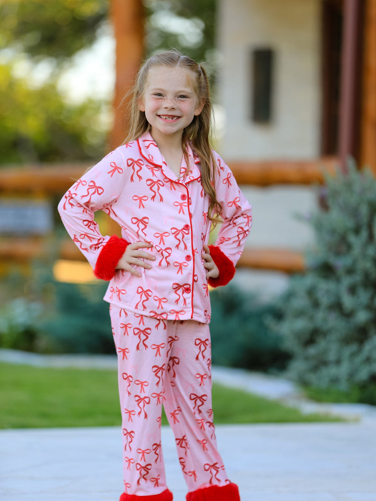 Bow Girls Pajama Set with Furry Trim 2