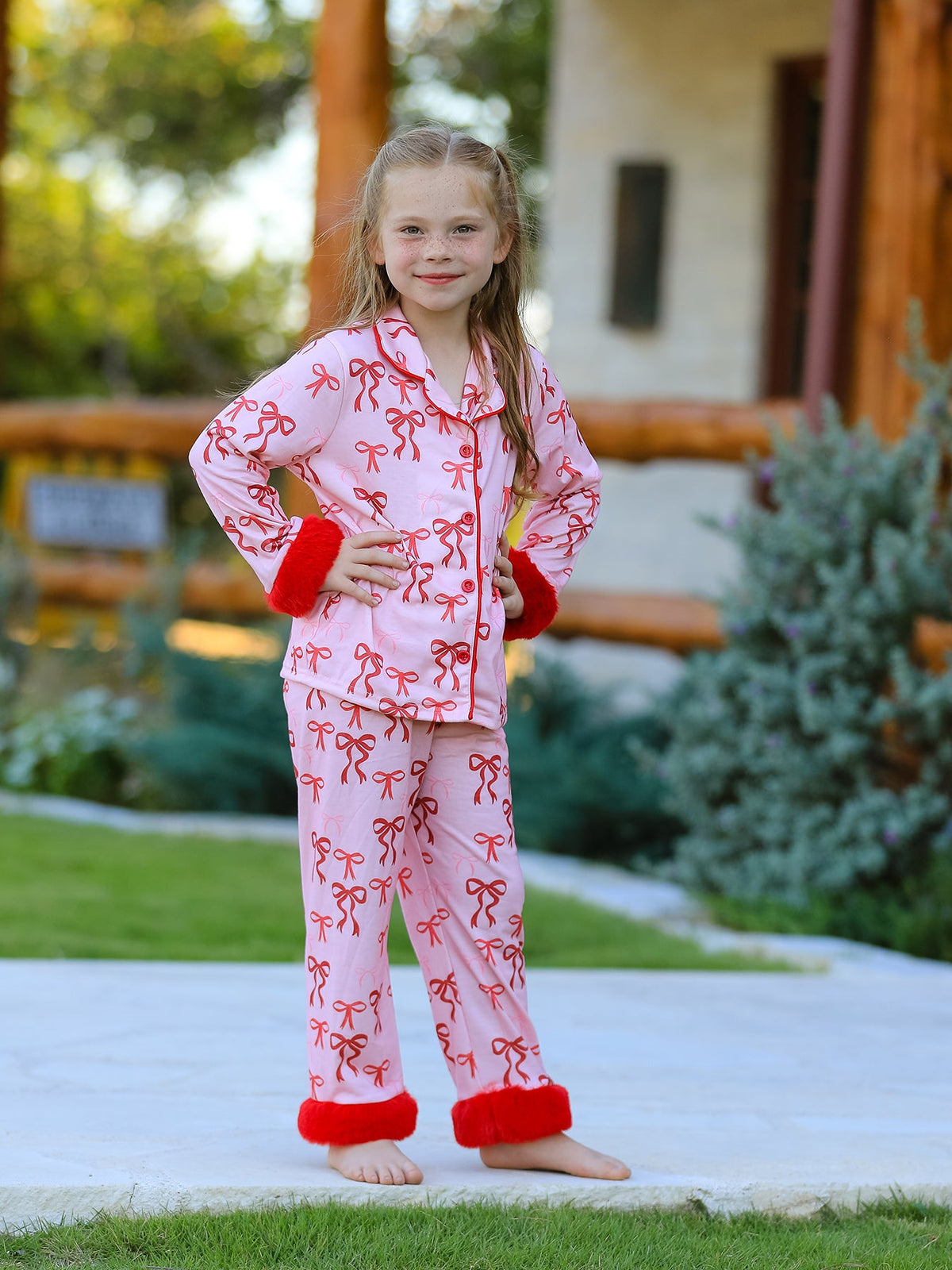 Bow Girls Pajama Set with Furry Trim 1