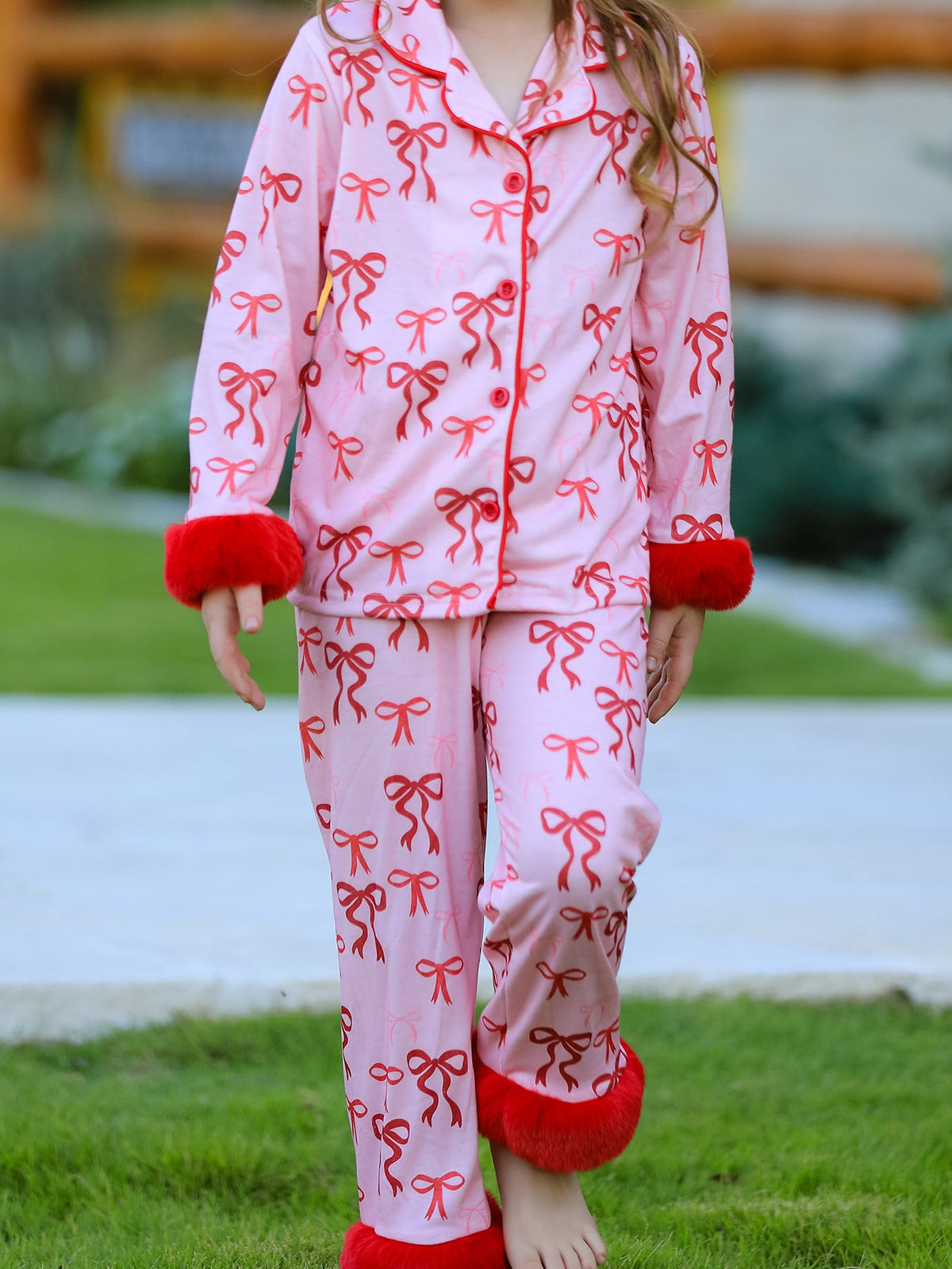 Bow Girls Pajama Set with Furry Trim 5