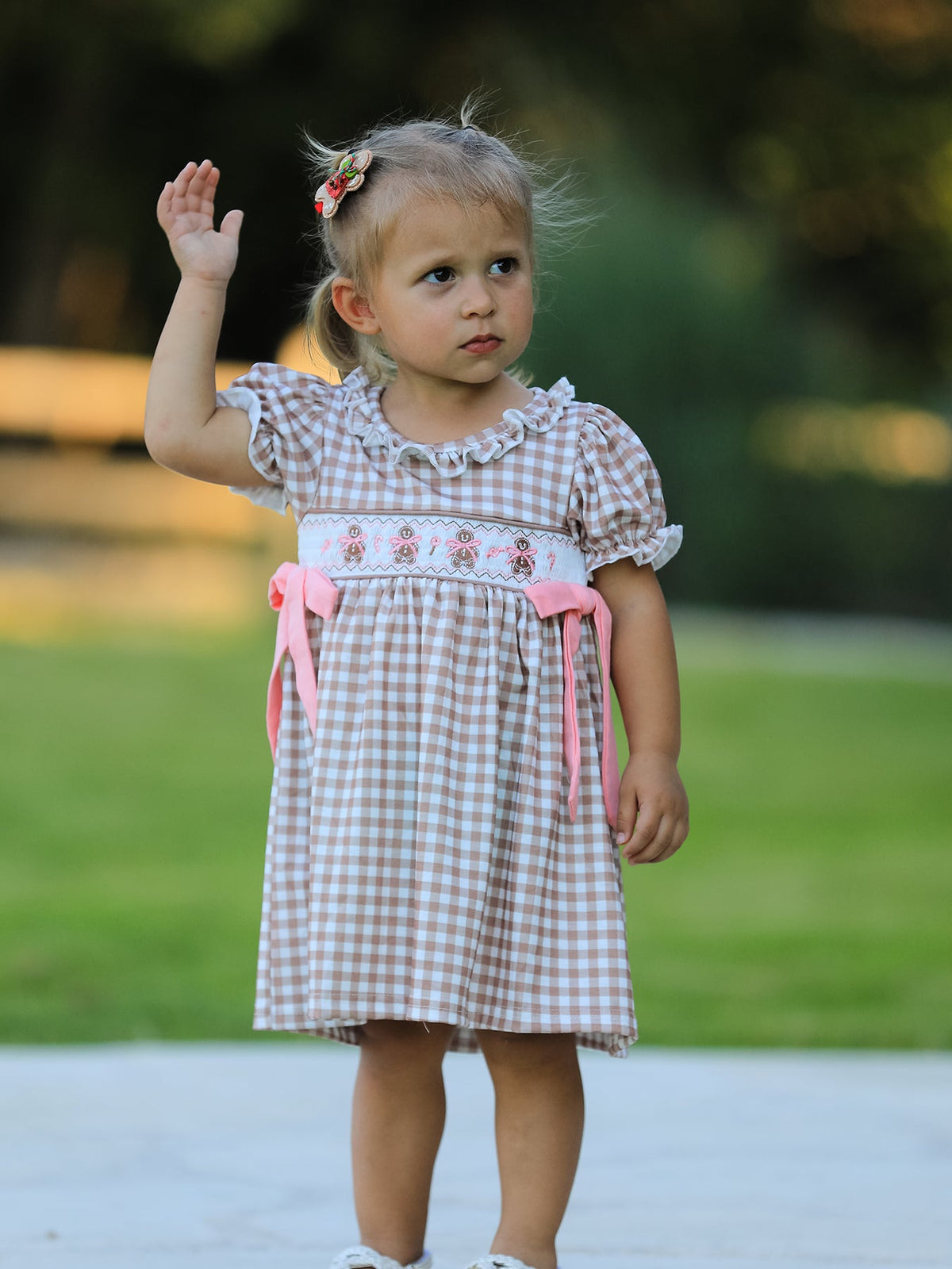 Christmas Vintage-Style Plaid Dress with Embroidered Gingerbread and Bows 1
