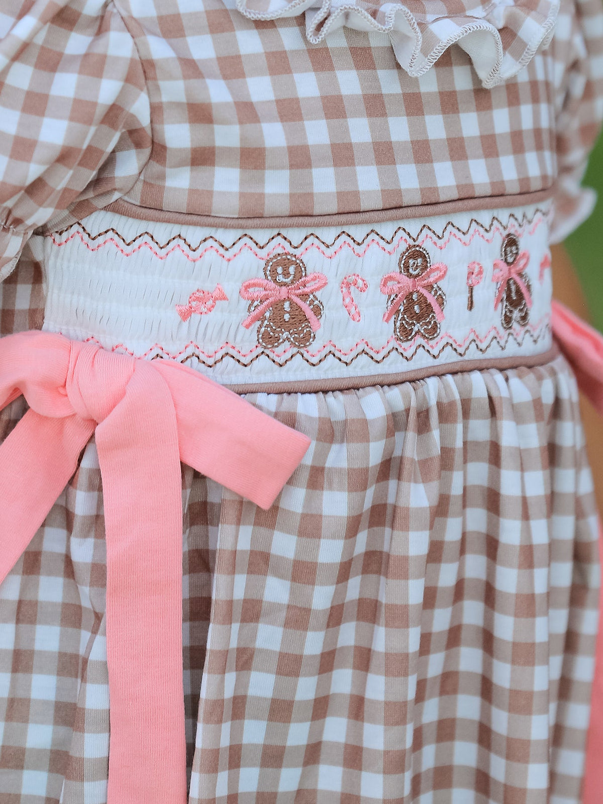 Christmas Vintage-Style Plaid Dress with Embroidered Gingerbread and Bows 5