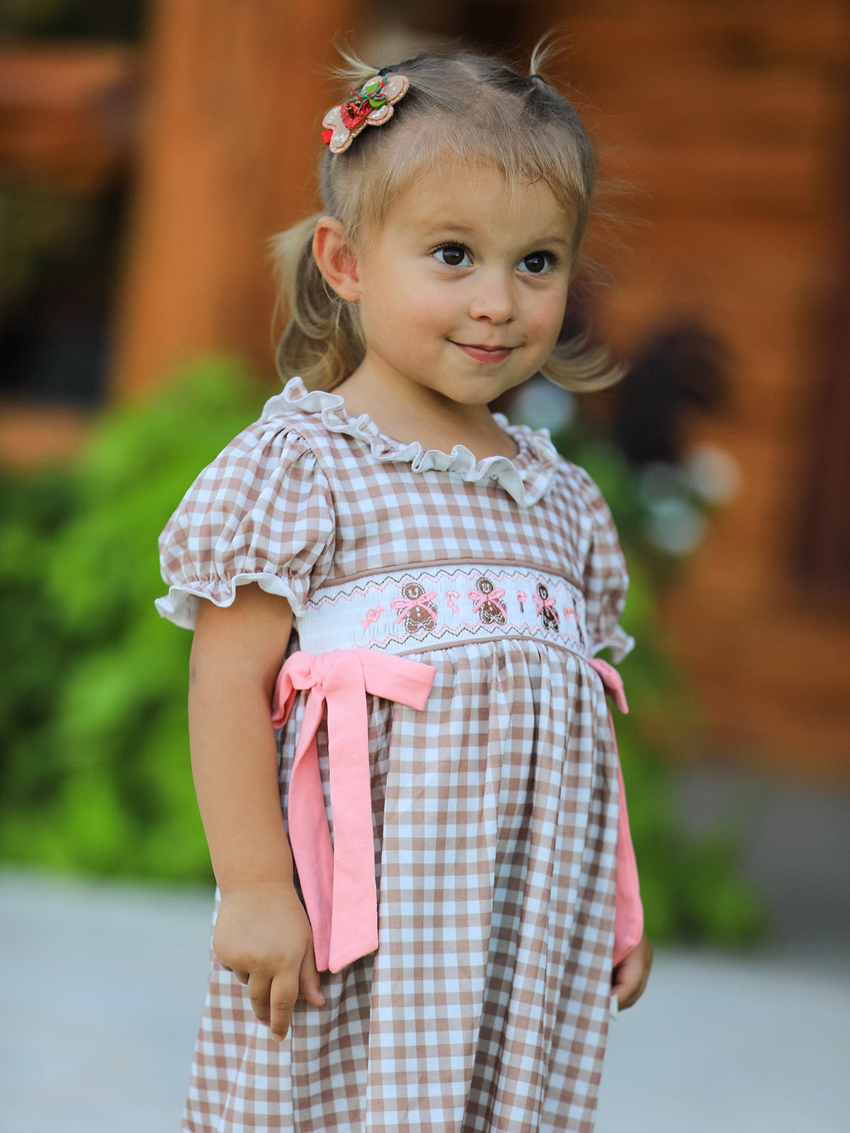 Christmas Vintage-Style Plaid Dress with Embroidered Gingerbread and Bows 2