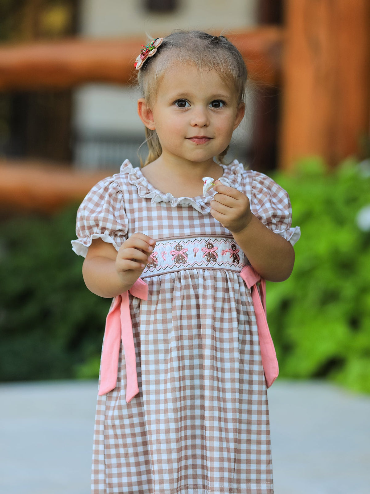 Christmas Vintage-Style Plaid Dress with Embroidered Gingerbread and Bows 3
