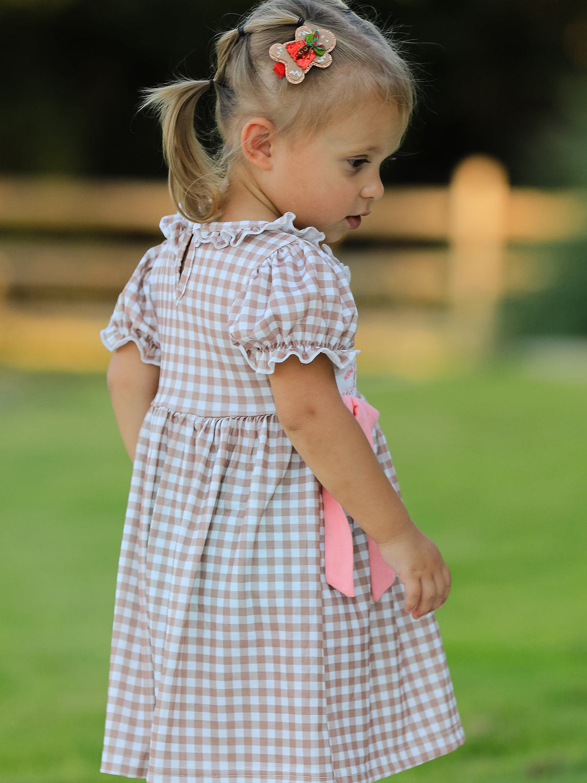 Christmas Vintage-Style Plaid Dress with Embroidered Gingerbread and Bows 4