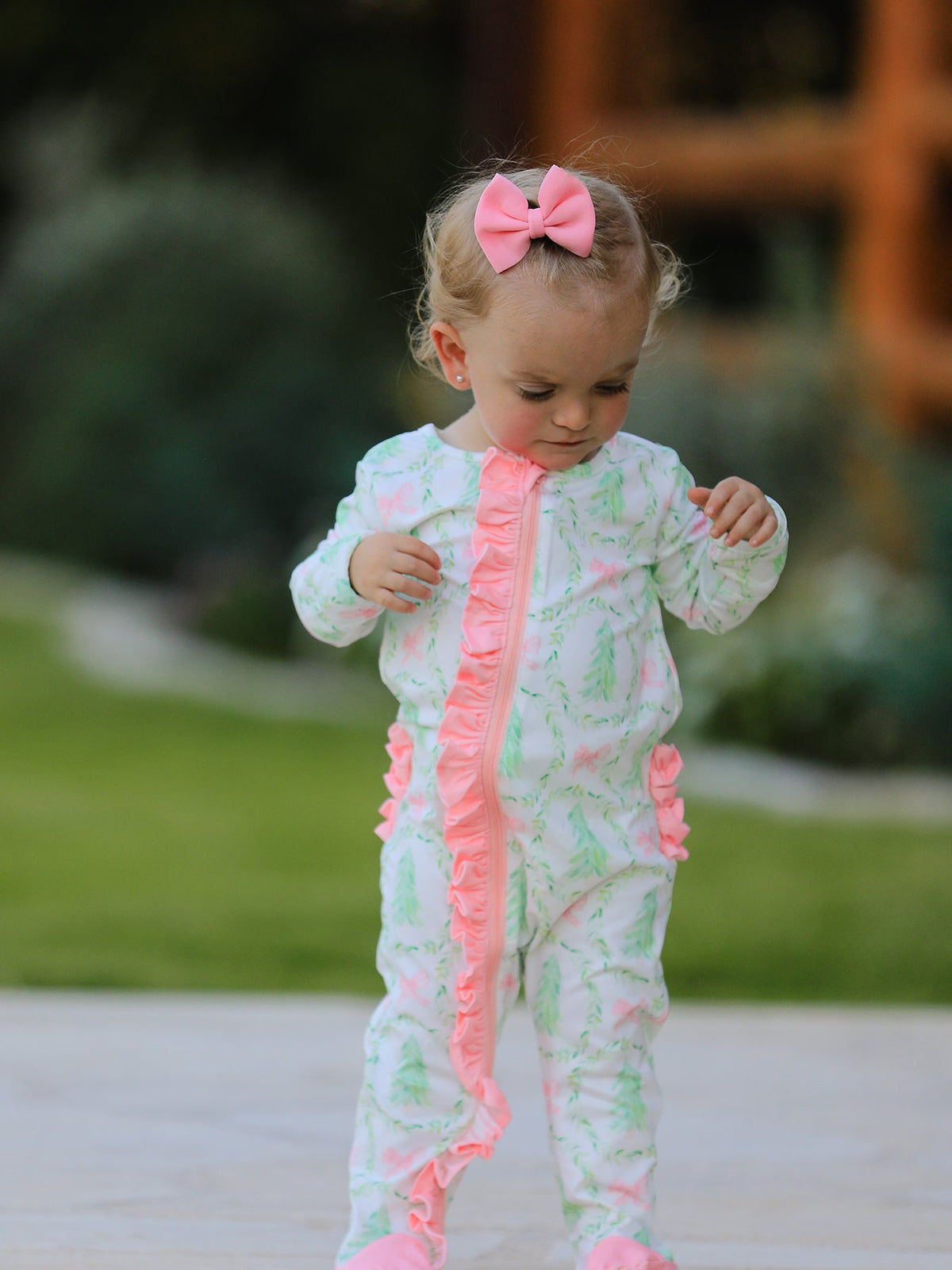 Christmas Tree Wreath Print Long Sleeve Zip Baby Girls Romper 1