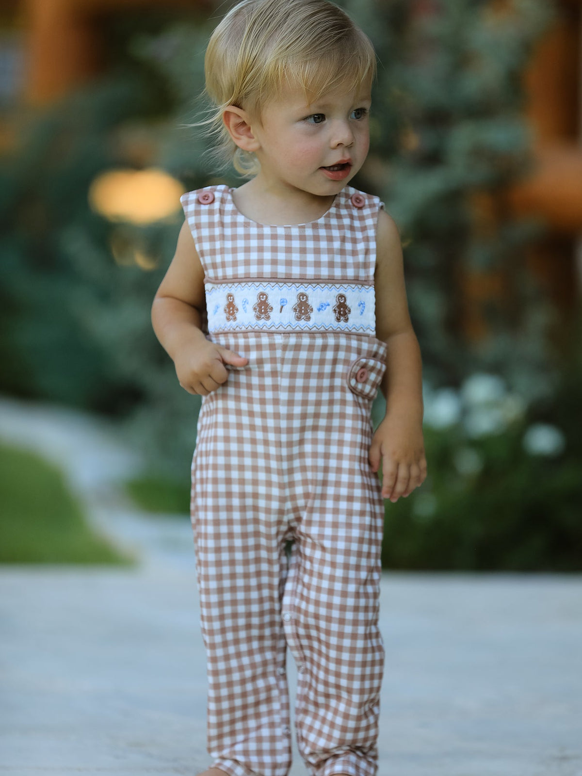 Christmas Vintage-Style Plaid Embroidered Gingerbread and Bows Boy Romper 1