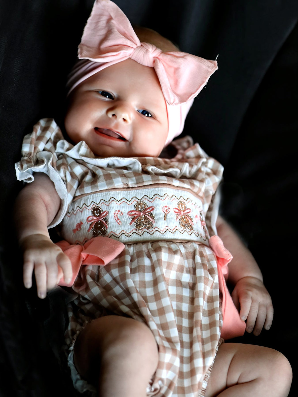 Christmas Vintage-Style Plaid Embroidered Gingerbread and Bows Girls Romper 1