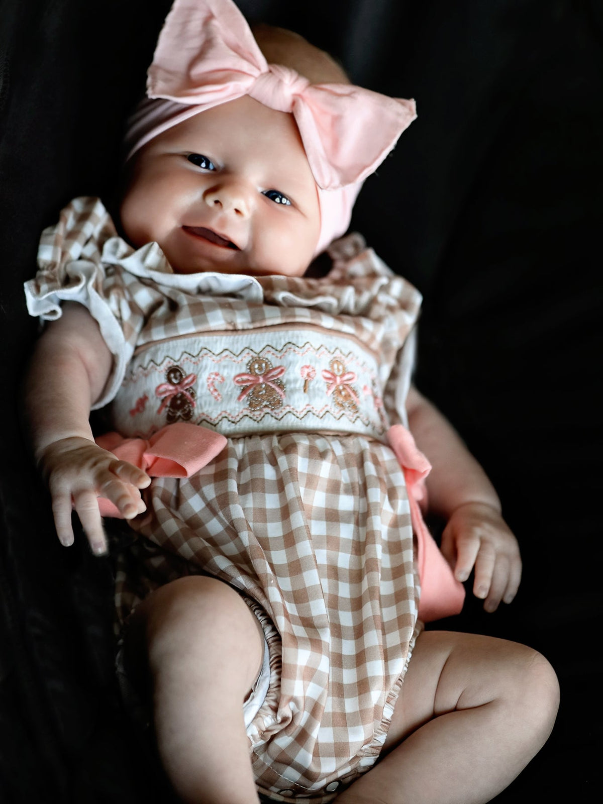 Christmas Vintage-Style Plaid Embroidered Gingerbread and Bows Girls Romper 2