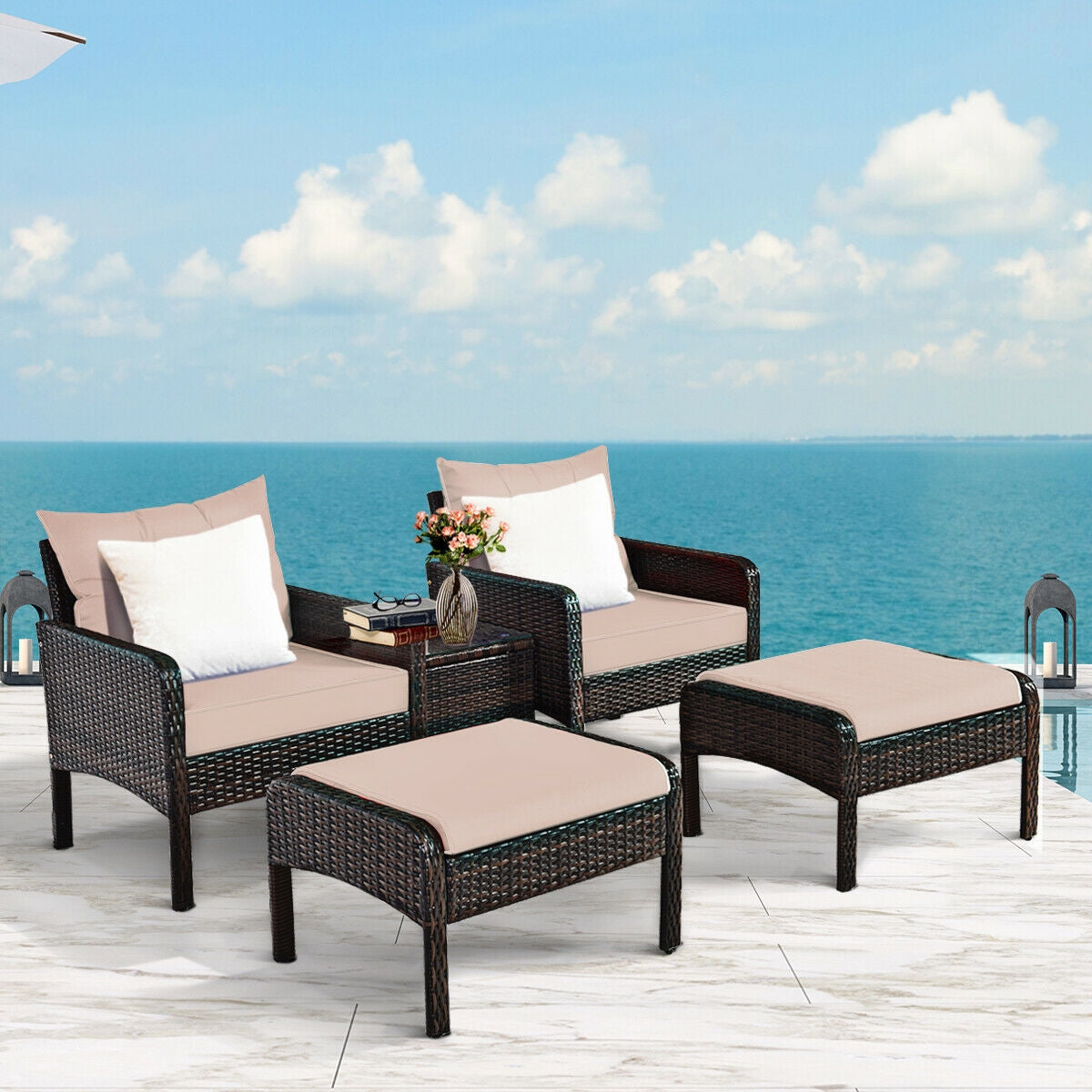 5 Pieces Patio Rattan Sofa Ottoman Furniture Set with Cushions-Black 8