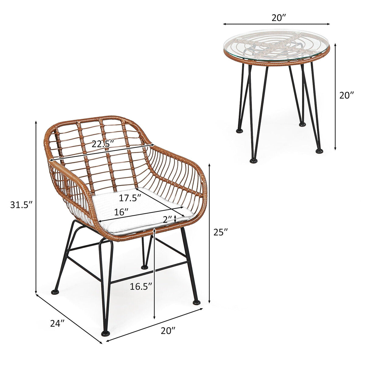 3-Piece Rattan Bistro Set with Cushions and Glass Table 12