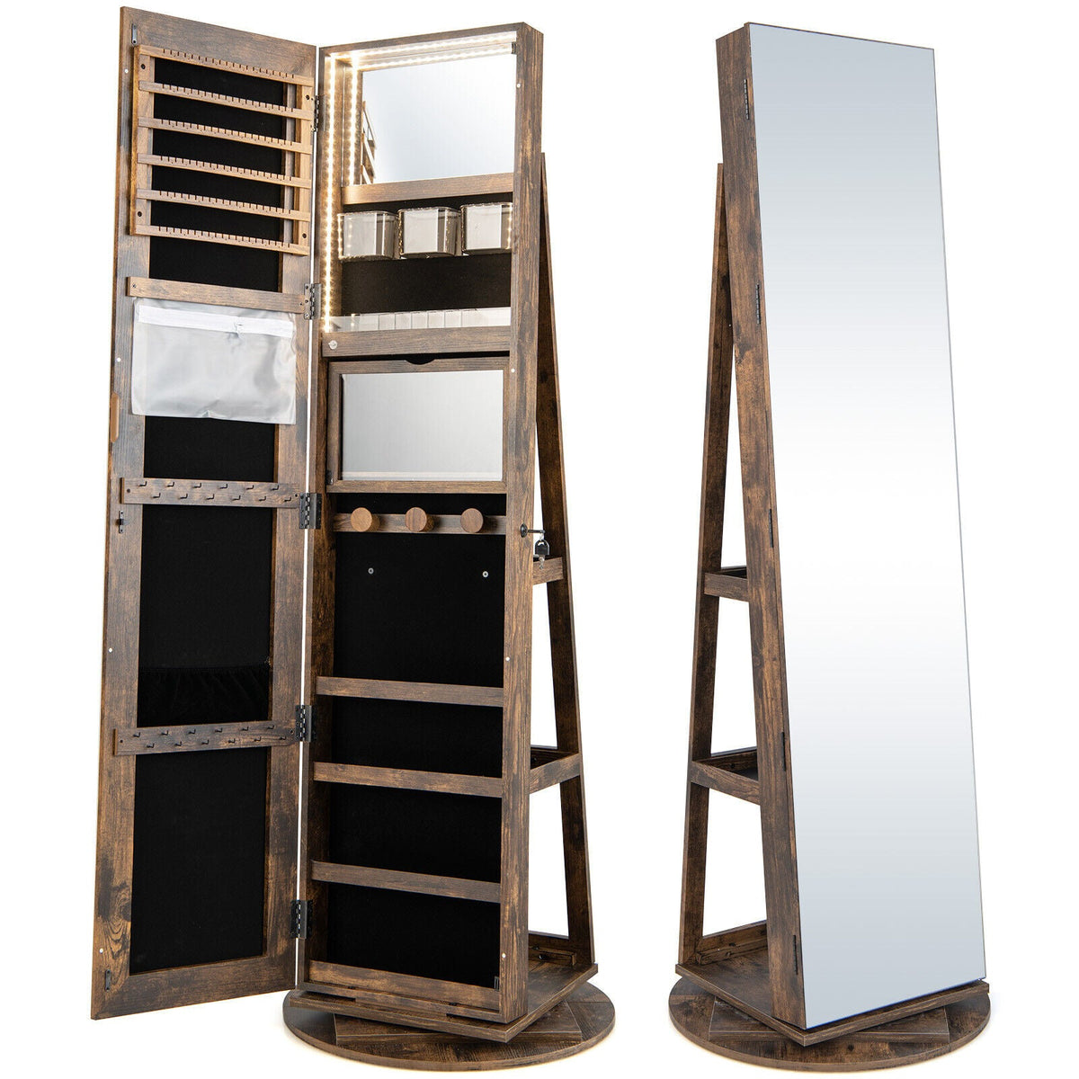 360° Rotating Mirrored Jewelry Cabinet Armoire 3 Color LED Modes Lockable 9