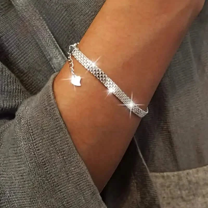 S925 Sterling Silver Chain Bracelet, Sparkling Mesh Embossing Pattern Jewelry 3
